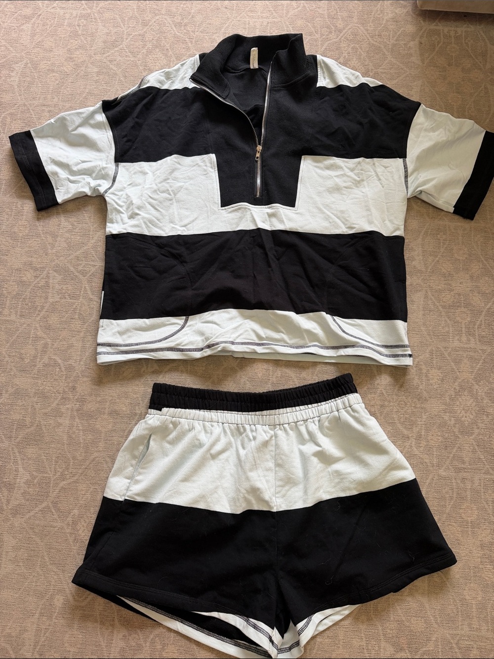 Womans Black & White Striped Set - Short Sleeve Top & Shorts. Free People dupe.